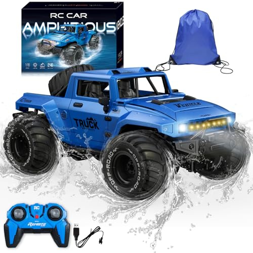 BORSCELLOR Remote Control Car, Amphibious RC Cars 1:16 Waterproof Remote Control Monster Truck Toys for Boys, Off-Road Stunt RC Vehicle 360° Rotation with LED Light for Adults Kids
