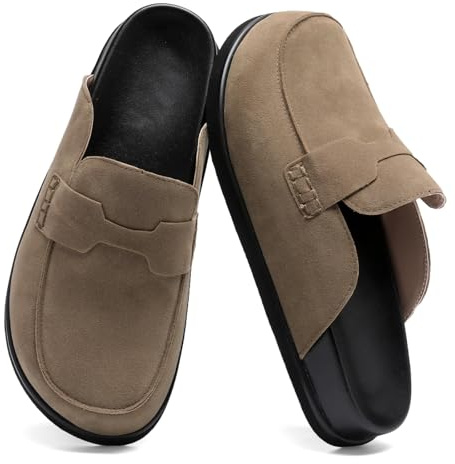 Kvinnors mocka träskor, bekväm plattform slip-on rygglösa stängda tåmulor, halkfria täpptofflor, casual Penny loafers skor, Khaki, 39 EU