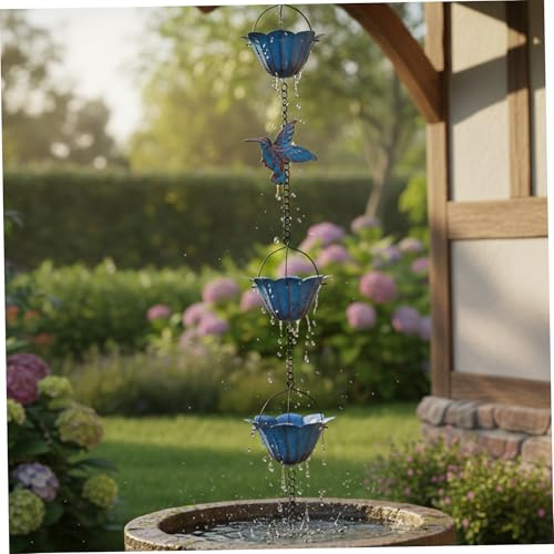 Latemeia Cadenas de Lluvia para Exterior – Cadena de Lluvia de colibrí de Metal de 7.8 pies con Tazas de Loto, Drenaje de Agua al Aire Libre y Adorno de jardín, Flores