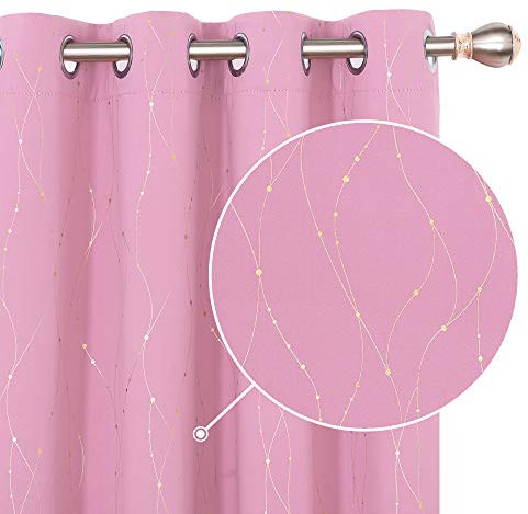 Deconovo Pink Blackout Curtains for Bedroom, Gold Dotted Line Foil Printed Thermal Insulated Window Treatment, Eyelet Blackout Curtains, 46 x 54 Inch(Width x Length), Pink, 2 Panels