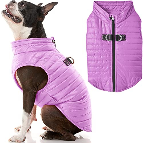 Gooby Puffer Vest Dog Jacket - Purple, Medium - Ultra Thin Windbreaker with Dual D Ring Leash - Water Resistant Small Dog Sweater Coat