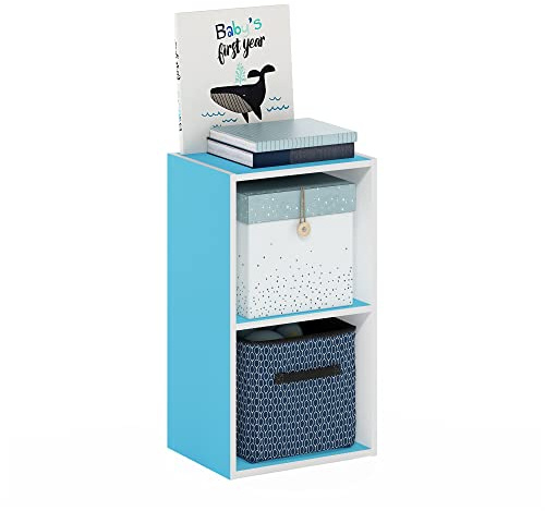 Furinno PASIR Book Shelf, 2-Tier Modern Bookshelf, Open Shelves Bookcase 9 x 12 x 21, for Living Room, Bedroom, Home Office, Light Blue/White