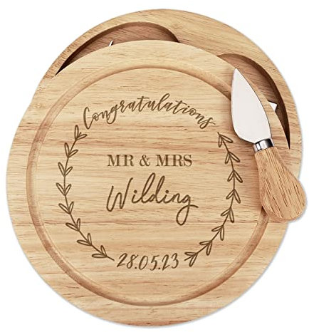 Gift Base Personnalisé Félicitations Nom Mr.et Mme Mariage en Bois Fromage Board Set 4 Couteaux