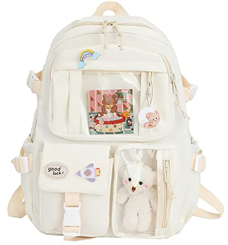 Orimommth Kawaii Backpack with Pendant, Large Capacity Cute Bear Accessories Backpack for School Multi Pocket Rucksack for Teen Girls Cute Kawaii School Backpacks