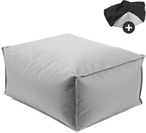 mokebo® Outdoor Pouf o. Hocker 65x45cm mit Schutzhülle 'Der Ruhestifter', Sitzhocker, Fußhocker, Sitzkissen, Sitzpouf eckig mit EPS-Perlen Füllung & Cover, nur wasserabweisend mit Schutzhülle, Grau