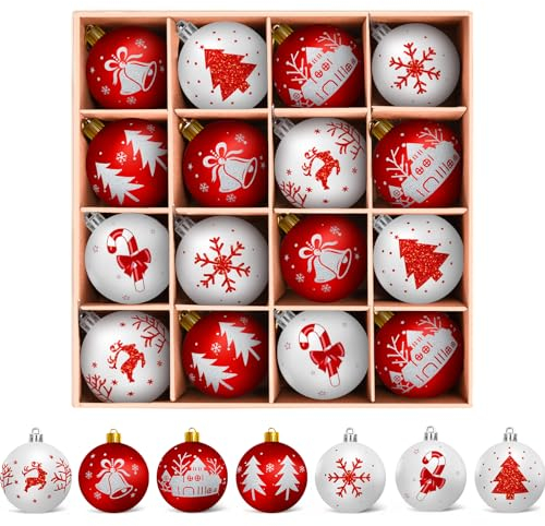 Arbolisse Weihnachtskugeln Kunststoff Christbaumschmuck,16PC Christbaumkugeln Weihnachtsbaumschmuck Deko Weihnachten, Rot Weiß Weihnachtsdeko, Weihnachtsbaum Kugeln mit Schlüsselband