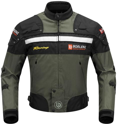 BORLENI Motorradjacke Herren Winter Motorrad Jacke Textiljacke Winddicht mit Herausnehmbarem Liner Protektoren Protektor Jacke Roller Biker Touren 4 Jahreszeiten Herren Damen Olive L