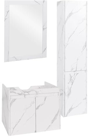 Mendler Badezimmerset HWC-L86, Waschtisch Wandspiegel Hängeschrank Badmöbel, FSC® Melaminbeschichtet - Marmor-Optik weiß