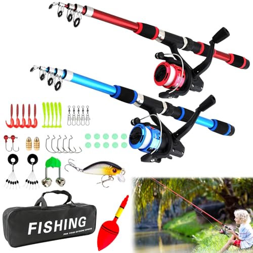 2 Stück Angelset Kinder, Angelrute Set Kinder, Kinder Angelruten, Teleskop-Angelrute 180 cm, Tragbare Teleskop Angelrute und Rolle mit Angelschnurködern, Angelausrüstung Tasche für Kinder Reisen