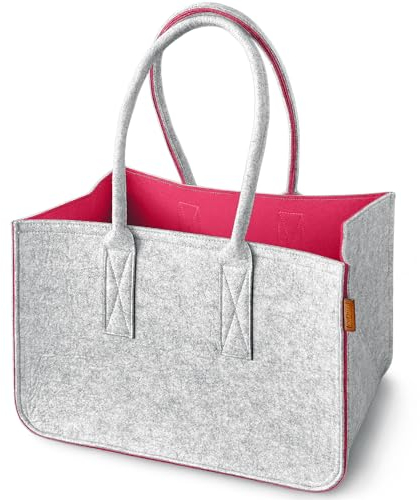 Miqio Design Filz Shopper | große Einkaufstasche mit Henkel und Innentasche | Shopping-Bag Einkaufskorb | Tragetasche aus Filz| Aufbewahrungskorb | Hellgrau-Pink