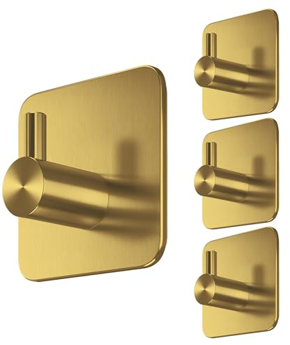 Menz Handtuchhalter ohne Bohren, 4 Haken im Set, Golden | Wasserfeste Klebehaken, Edelstahl Handtuchhaken für Bad, Haken selbstklebend, Badezimmer Handtuchhalter mit hoher Tragkraft