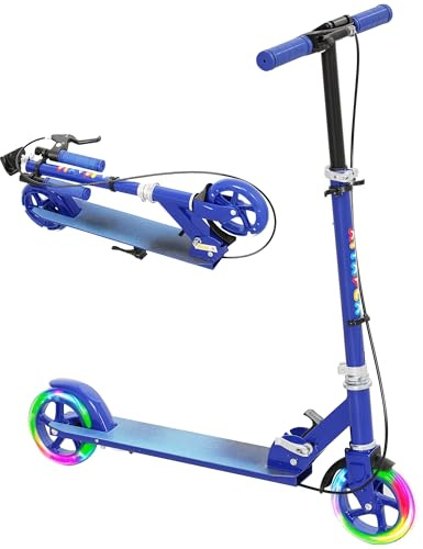 AIYAPLAY Scooter for Ages 3-8 Years, Folding Kick Scooter with Adjustable Handle, Two Light Up Wheels, Handbrake, Rear Brake, Blue