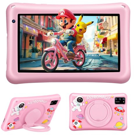 BRILLAR Tablette Enfant 7 Pouces Android 13,8Go RAM + 64Go ROM (Extensible 256Go),Octa-Core,5800mAh,Certifié Google（Rose）