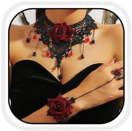 Zoestar Ensemble de Collier Ras-de-cou en Dentelle Noire avec Fleur de Rose, Bracelet, Bague, Ensemble Vintage, Collier de Fête pour Femmes et Filles