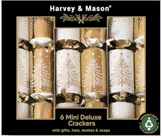 RSW Harvey & Mason 6 Mini 8.5 Crackers Gold – Elegant Christmas Table Crackers with Christmas Tree Design, Gold Hotstamp & Curling Ribbon – Includes Hats, Mottos & Mini Gifts