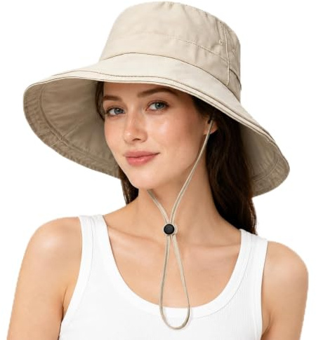 GEEKPC Wide Brim Bucket Sun Hat for Women - UPF50+ Waterproof Packable Foldable Outdoor Travel Hiking Quick-Drying Breathable Full Coverage Adjustable Windproof Chin Strap with Secure Fit (Ivory)