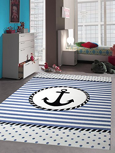 Kinderteppich Maritim Kinderzimmerteppich Jungen Teppich mit Anker in Blau Creme Größe 160x230 cm