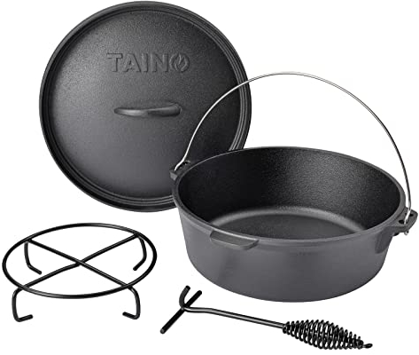 TAINO Dutch Oven 6L aus Gusseisen Ø 30cm Feuertopf Set Deckelheber Ständer Cast Iron Schmortopf ohne Füße Gusstopf ideales Grillzubehör Dopf