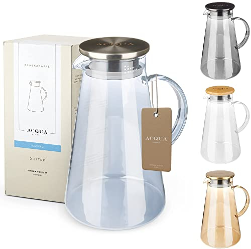 ACQUA DI AMALFI® Carafe en verre - Carafe à eau de 2 l avec couvercle en acier inoxydable et bambou - Pichet à eau avec insert à fruits - Anti-fuite - Carafe également comme théière (bleu/acier)
