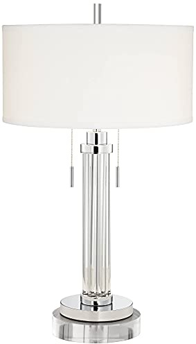 Possini Euro Design Cadence Modern Table Lamp 33 Tall with Round Riser Linear Clear Glass Rod White Linen Drum Shade for Bedroom Living Room House Home Bedside Nightstand Office Entryway Family