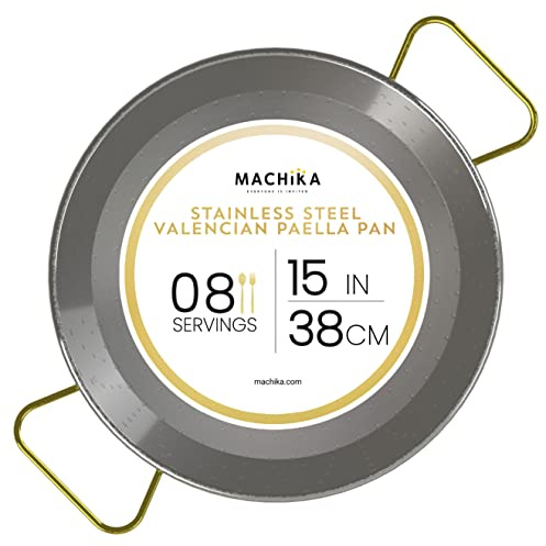 Machika 15 inch Stainless Steel Paella Pan, 38 cm Stainless Steel Large Skillet From Spain, Great for Paella Parties Indoors, Outdoors, Camping & More, Imported Spanish Paellera, Made by Garcima