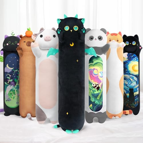 Mewaii 44in Long Cat Plush Pillows Stuffed Animals Squishy Pillows - Plushie Cute Big Green Eyes Sleeping Hugging Plush Pillow Soft Toys for Kids(Black)