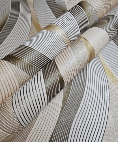 AMINAH DECO Papel tapiz de rayas onduladas 3D, color beige, en relieve, no pegado, impermeable, 374 x 20.8 pulgadas [no se pela ni se pega]