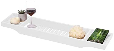VIVAAS Natural Wooden Bamboo Bath Caddy Bridge Tray - Ideal For Storage, Shelf Organizer, Wine Glass, Book Rest, Candle | White
