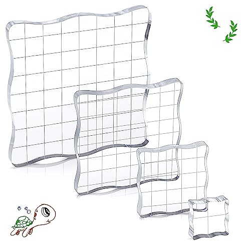 luckaide Acrylblock 4 Stück, 3/5/7,5/10cmStempelblock, 0,5 cm Dick Acrylblock für Silikonstempel, Stempelplatte mit Gitter Linien, Silikonstempel Set für Scrapbooking, Fotoalbum, DIY Journal