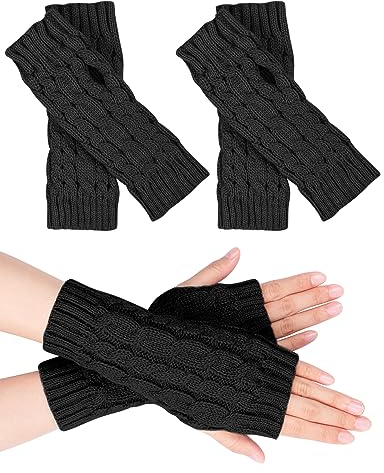 MELLIEX 2 Paar Halb Fingerlose Handschuhe, Damen Pulswärmer Winter Strickhandschuhe Warm Kurzer Halb Handstulpen Unisex Schwarz
