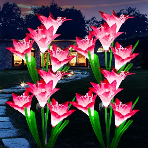 XVZ Lampes Solaires d'extérieur, Lot de 4 solaires lys fleurs à LED avec 7 couleurs changeantes - Pour jardin, terrasse, cour, allée, fête, clôture de mariage - Rose