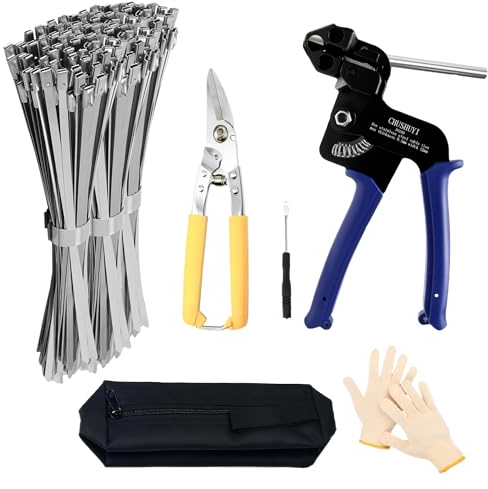 Schweres Stahl-Kabelbinder-Werkzeug: Edelstahl-Kabelbinderpistole, Metall-Binde-Wickelpistole, für den Außenbereich, verstellbare Befestigung, Schneidewerkzeug-Sets mit 100 selbstsichernden
