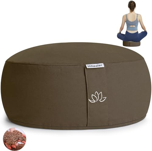Hihealer Coussin de Méditation Yoga - Zafu de Sol Rempli de Coques de Sarrasin et Charbon Actif, 33 x 33 x 15 cm, Idéal pour Yoga, Relaxation, pour Femmes et Hommes (Kaki, 33 x 33 x 15 cm)
