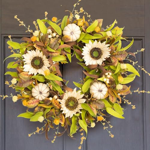 Perfnique 22'' Fall Wreath for Porch Door, Autumn Pumpkin Front Door Wreath, Sunflower Wreath Home Outdoor Indoor Window Wall Decor, Fall Thanksgiving Halloween Harvest Decorations (White Pumpkin)