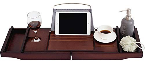 Mensola per vasca Vassoio per vasca da bagno espandibile in bambù con lati estensibili Vassoio per cellulare integrato per tablet Portabicchiere da vino Vassoio per vasca da bagno