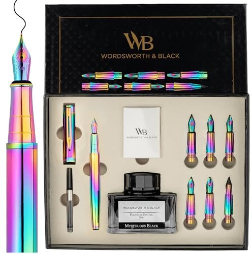 Wordsworth & Black Presentset kalligrafipenna, innehåller bläckflaska, 6 bläckpatroner, påfyllningskonverterare, 6 reservfjädrar, dagbok, mjuk skrivning, [regnbåge]