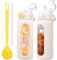 HYDRAGLAZIC 600ML Trinkflasche Glas mit Strohhalm, Glasflasche mit rutschfester Silikonhülle, weite Öffnung, auslaufsicher für Kaffee und Wasserflasche, BPA-frei, Weiß