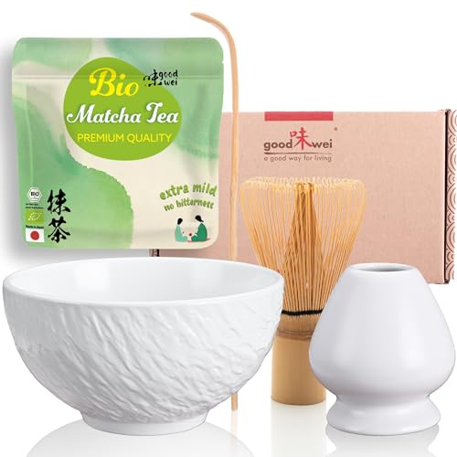 Goodwei BIO Matcha från Japan i matchaset, komplett med högkvalitativ matchaskål av keramik, matcha kvast och kvasthållare | Presentset för teceremoni (Rokku Shiro)