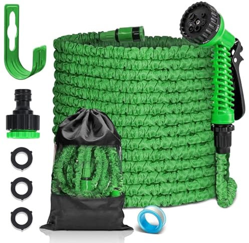 FASCINATDECO Flexibler Gartenschlauch 15m mit 7 Funktionen Brause, Wasserschlauch flexibel mit 3-Fach Latexkern inkl. Adapter für 1/2' 3/4' Zoll und Wandhalterung, dehnbarer flexiSchlauch