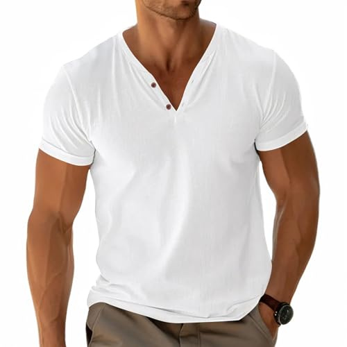 Mens Basic Tees Henley T-Shirt Short Sleeve Tops Casual Shirt Cotton Button V-Neck Lightweight Soft Stretch White M