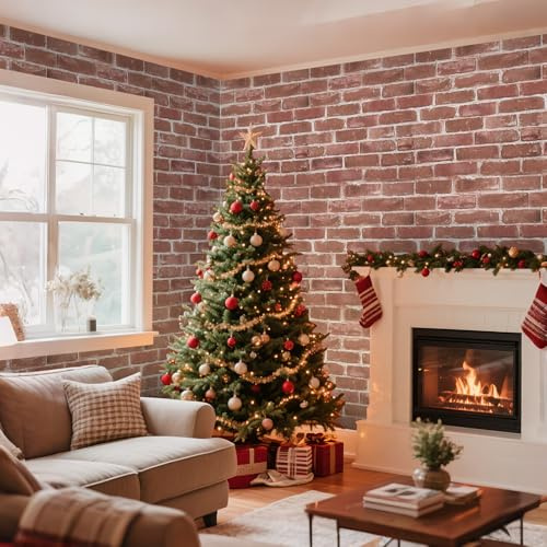 Camiraft Red Brick Wallpaper 6 Rolls 3D Effect Blocks Vintage Brick Faux Textured Wallpaper for Living Room Bedroom Fireplace Laundry Room Christmas Wall Decor