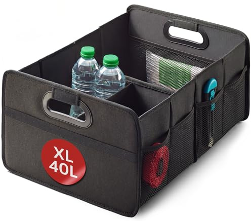 Praknu Organisateur de Coffre Pliable XL – 3 Compartiments Flexibles avec 5 Poches – Fond Antidérapant – Taille Idéale pour l'Organisation de la Voiture – Robuste et Résistant à l'Eau en Tissu Oxford