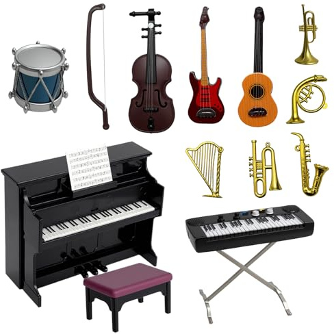 Golgner 12 pezzi casa delle bambole Mini strumenti musicali modello, strumenti in miniatura, casa delle bambole, strumenti musicali in miniatura, pianoforte, chitarra, tromba, per casa delle bambole