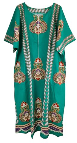 Kiran Fashion New Ladies 100% Cotton Long Kaftan Dress Summer Ethnic African Print Beach Cover One Size (Green)