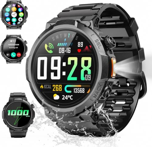 Reloj Inteligente Hombre con Linterna, 1.53'' Militar Smartwatch con Batería de 1000mAh, IP68 Reloj Deportivo con Llamadas Bluetooth/Monitor de Sueño/Pulsómetro, 100+Modos Deportivos para Android iOS