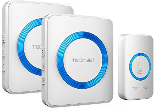 TECKNET Wireless Doorbell, Doorbell IP65 Waterproof Twin Wall Plug-in Cordless Door Chime Kit with 400m Range, 60 Chimes, 120dB Lound 5-Level Volume & Blue Light, Plug in Door Entry Bell