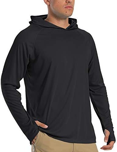 Outdoor T Shirts for Men UV Long Sleeve Shirts with Hood Sun Protection Hoodie Top Mens Lightweight Hiking Trekking Shirt Black