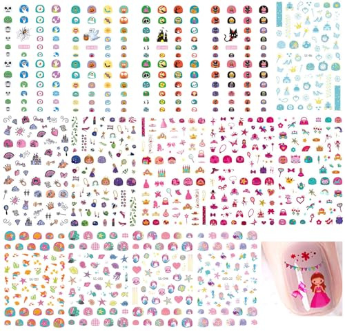 Rosymormor 14 Feuilles Autocollants Nail Art Princesse Enfants pour Filles, Paillettes Auto-adhésifs 800+ Motifs Ongle Décalcomanies pour Décoration Ongle Faveurs de Fête Anniversaire Halloween Noël