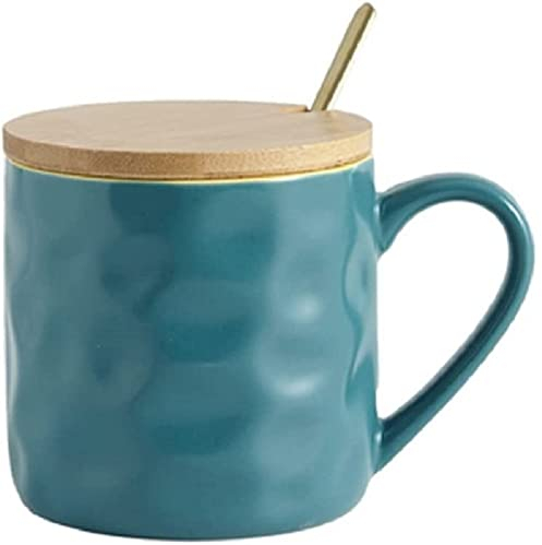 MAGICVOGEL Kaffeetasse mit Holzdeckel und Löffel 400ml große Keramiktasse Modern Kaffeebecher Trinkbecher mit großem Henkel Kakaobecher für Büro und Zuhause (Blau)