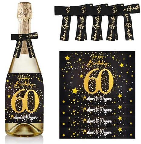 Sugeru Lot de 4 étiquettes de bouteilles de 60 ans et nœuds cadeaux | Étiquettes de vin personnalisées autocollantes pour vin mousseux et vin mousseux | Décoration d'anniversaire 60 ans, cadeau